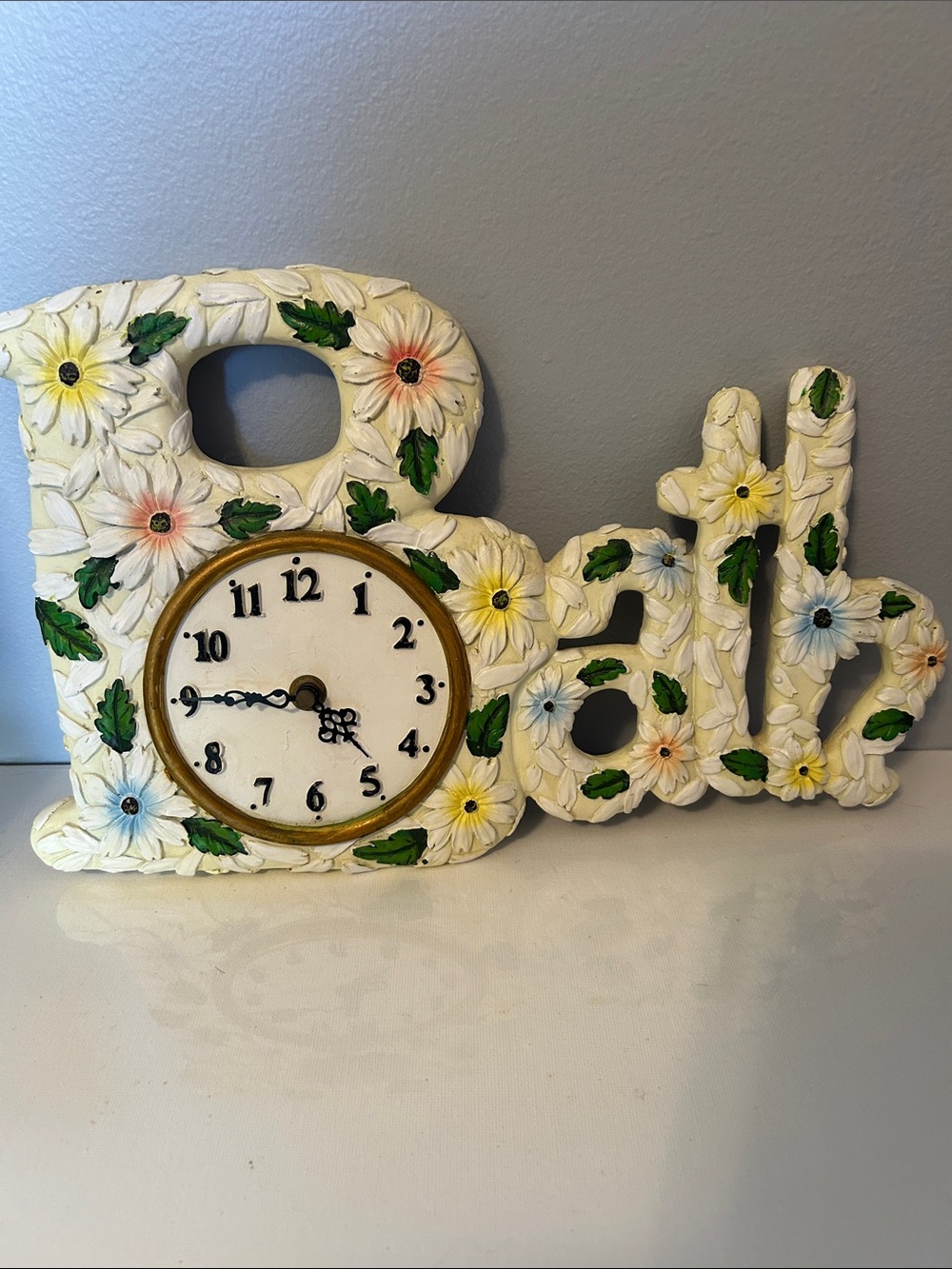 Vintage Cream Floral 'Bath' Wall Clock with pastel and White Daisies